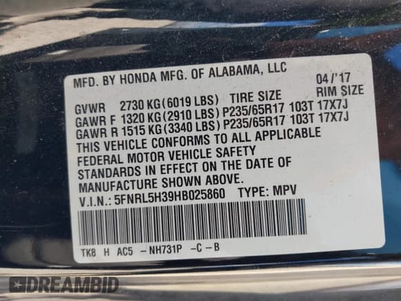 ✅ 2017 Honda Odyssey SE • VIN: 5FNRL5H39HB025860 • Lot: 43440919. Listed on IAAI with 138,262 mi. Free auction sales archive from the USA and detailed vehicle history report at DreamBid. Image 9.