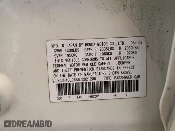 ✅ 2007 Acura TSX • VIN: JH4CL96867C021206 • Lot: 60270225. Listed on Copart with 119,943 mi. Free auction sales archive from the USA and detailed vehicle history report at DreamBid. Image 12.