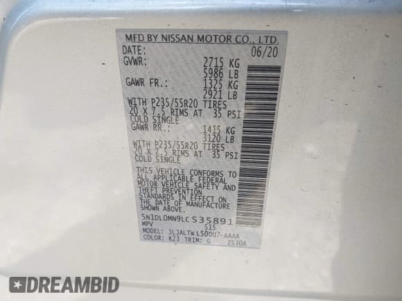 ✅ 2020 Infiniti QX60 Luxe • VIN: 5N1DL0MN9LC535891 • Lot: 41549458. Listed on IAAI with 39,409 mi. Free auction sales archive from the USA and detailed vehicle history report at DreamBid. Image 9.