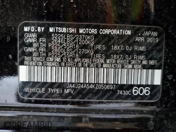 2019 Mitsubishi Outlander SEL with VIN JA4J24A54KZ050697, listed as a Copart auction lot 52632295 with 62,406 mi miles and Salvage title. Bid and sale history available at DreamBid. Image 14.