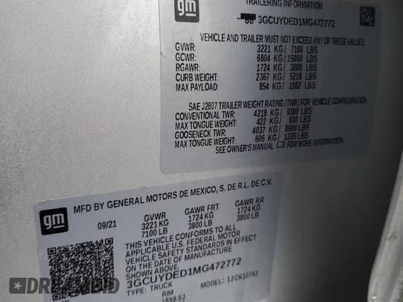 2021 Chevrolet Silverado 1500 LT with VIN 3GCUYDED1MG472772, listed as a Copart auction lot 58533125 with 30,145 mi miles and Salvage title. Bid and sale history available at DreamBid. Image 12.