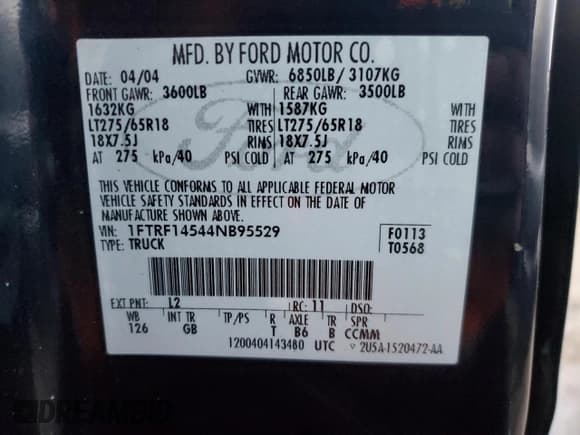 ✅ 2004 Ford F-150 XL • VIN: 1FTRF14544NB95529 • Lot: 42711215. Wystawiony na Copart z przebiegiem 124 622 mil. Bezpłatny archiwum sprzedaży aukcyjnych z USA i szczegółowy raport historii pojazdu na DreamBid. Zdjęcie 12.