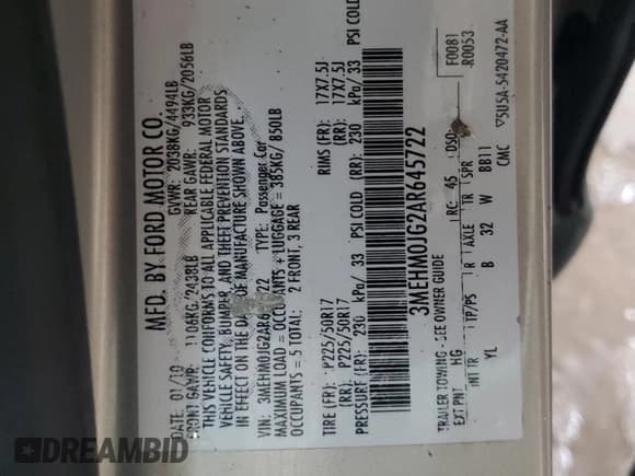 ✅ 2010 Mercury Milan Premier • VIN: 3MEHM0JG2AR645722 • Лот: 91095075. Опубликован ранее на Copart с пробегом 147 341 миль. Бесплатный доступ к архиву аукционных продаж из США и подробный отчёт об истории автомобиля на DreamBid. Изображение 12.