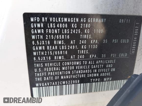 ✅ 2012 Volkswagen Tiguan SE • VIN: WVGAV7AX2CW522958 • Lot: 42516794. Listed on IAAI with 107,144 mi. Free auction sales archive from the USA and detailed vehicle history report at DreamBid. Image 9.