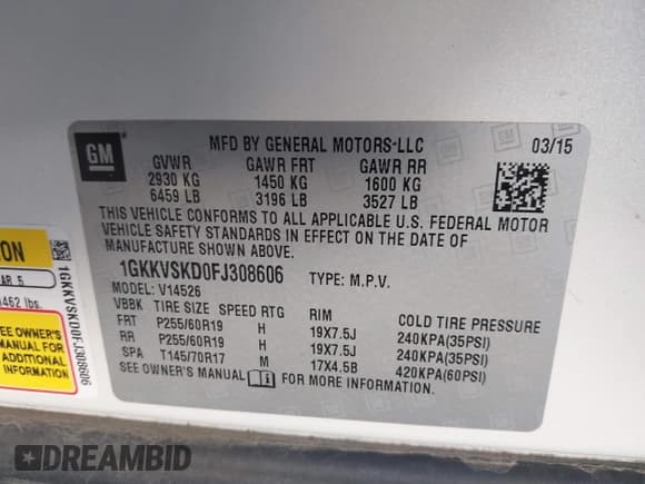✅ 2015 GMC Acadia SLT • VIN: 1GKKVSKD0FJ308606 • Lot: 43632179. Listed on IAAI with Not provided. Free auction sales archive from the USA and detailed vehicle history report at DreamBid. Image 9.