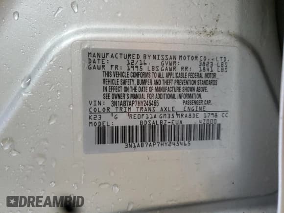 ✅ 2017 Nissan Sentra S • VIN: 3N1AB7AP7HY245465 • Lot: 92275495. Wystawiony na Copart z przebiegiem 84 786 mil. Bezpłatny archiwum sprzedaży aukcyjnych z USA i szczegółowy raport historii pojazdu na DreamBid. Zdjęcie 12.