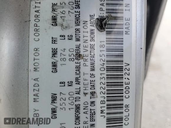 ✅ 2001 Mazda Protege DX • VIN: JM1BJ222310425181 • Lot: 88560255. Wystawiony na Copart z przebiegiem 201 942 mil. Bezpłatny archiwum sprzedaży aukcyjnych z USA i szczegółowy raport historii pojazdu na DreamBid. Zdjęcie 13.