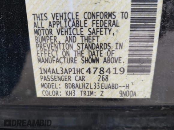 ✅ 2017 Nissan Altima SR • VIN: 1N4AL3AP1HC478419 • Lot: 43815196. Listed on IAAI with 189,487 mi. Free auction sales archive from the USA and detailed vehicle history report at DreamBid. Image 9.