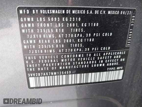 ✅ 2022 Volkswagen Tiguan SE • VIN: 3VV2B7AX7NM125459 • Лот: 43043601. Опубликован ранее на IAAI с пробегом 58 638 миль. Бесплатный доступ к архиву аукционных продаж из США и подробный отчёт об истории автомобиля на DreamBid. Изображение 9.