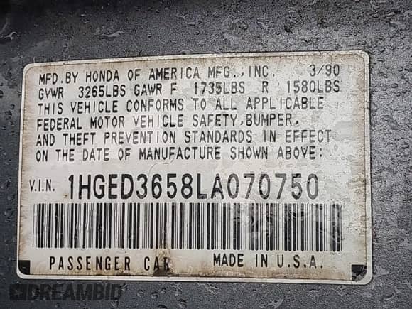 1990 Honda Civic z VIN 1HGED3658LA070750, wystawiony jako IAAI lot #43609393 z przebiegiem 158 389 mil mil oraz . Historia ofert i sprzedaży dostępna na DreamBid. Obrazek 9.