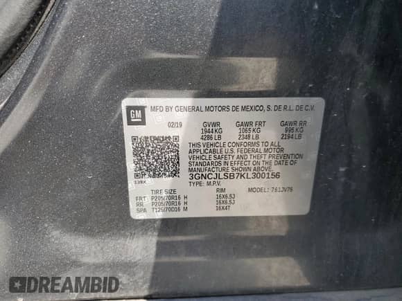 2019 Chevrolet Trax LT с VIN 3GNCJLSB7KL300156, выставлен на аукционе Copart как лот 70704925 с пробегом 45 984 миль миль и Списание • Salvage title. История ставок и продаж доступна на DreamBid. Изображение 13.