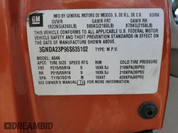 2006 Chevrolet HHR LT с VIN 3GNDA23P96S635102, выставлен на аукционе Copart как лот 73415704 с пробегом 194 174 миль миль и Списание • Salvage title. История ставок и продаж доступна на DreamBid. Изображение 15.