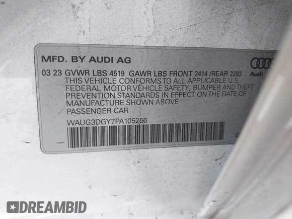 ✅ 2023 Audi S3 • VIN: WAUG3DGY7PA105256 • Lot: 40946651. Listed on IAAI with 18,188 mi. Free auction sales archive from the USA and detailed vehicle history report at DreamBid. Image 9.