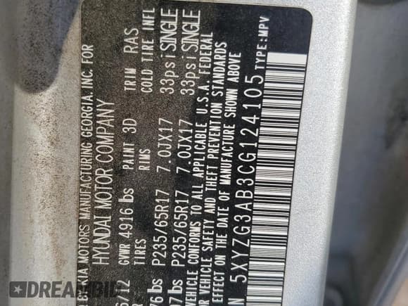 ✅ 2012 Hyundai Santa Fe GLS • VIN: 5XYZG3AB3CG124105 • Lot: 79298934. Listed on Copart with 226,715 mi. Free auction sales archive from the USA and detailed vehicle history report at DreamBid. Image 12.