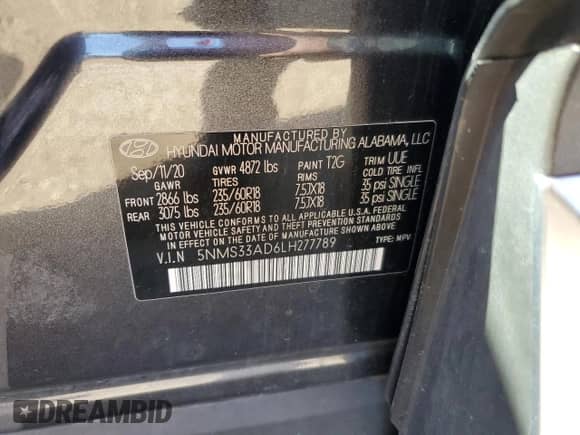 2020 Hyundai Santa Fe SEL z VIN 5NMS33AD6LH277789, wystawiony jako Copart lot #71029125 z przebiegiem 84 534 mil mil oraz Szkoda całkowita • Salvage title. Historia ofert i sprzedaży dostępna na DreamBid. Obrazek 12.