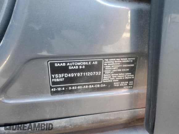 ✅ 2007 Saab 9-3 • VIN: YS3FD49Y971120732 • Lot: 69183905. Wystawiony na Copart z przebiegiem 258 467 mil. Bezpłatny archiwum sprzedaży aukcyjnych z USA i szczegółowy raport historii pojazdu na DreamBid. Zdjęcie 15.
