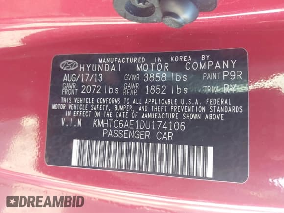 ✅ 2013 Hyundai Veloster Turbo • VIN: KMHTC6AE1DU174106 • Lot: 43497748. Listed on IAAI with 117,365 mi. Free auction sales archive from the USA and detailed vehicle history report at DreamBid. Image 9.