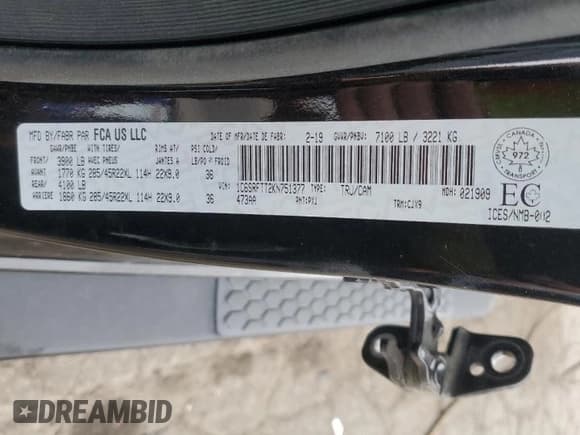 ✅ 2019 Ram 1500 Sport • VIN: 1C6SRFTT2KN751377 • Lot: 79958244. Listed on Copart with Not provided. Free auction sales archive from the USA and detailed vehicle history report at DreamBid. Image 12.