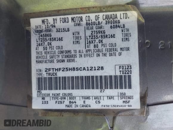 ✅ 1995 Ford F-250 • VIN: 2FTHF25H8SCA12128 • Lot: 41806359. Listed on IAAI with 90,950 mi. Free auction sales archive from the USA and detailed vehicle history report at DreamBid. Image 9.