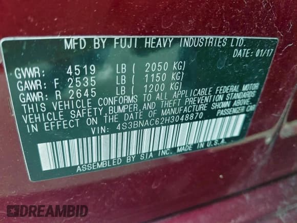 ✅ 2017 Subaru Legacy Premium • VIN: 4S3BNAC62H3048870 • Lot: 96814115. Listed on Copart with 137,295 mi. Free auction sales archive from the USA and detailed vehicle history report at DreamBid. Image 10.