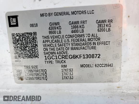 ✅ 2019 Chevrolet Silverado 2500HD Work Truck • VIN: 1GC1CREG6KF130872 • Lot: 59844905. Wystawiony na Copart z przebiegiem 218 331 mil. Bezpłatny archiwum sprzedaży aukcyjnych z USA i szczegółowy raport historii pojazdu na DreamBid. Zdjęcie 13.