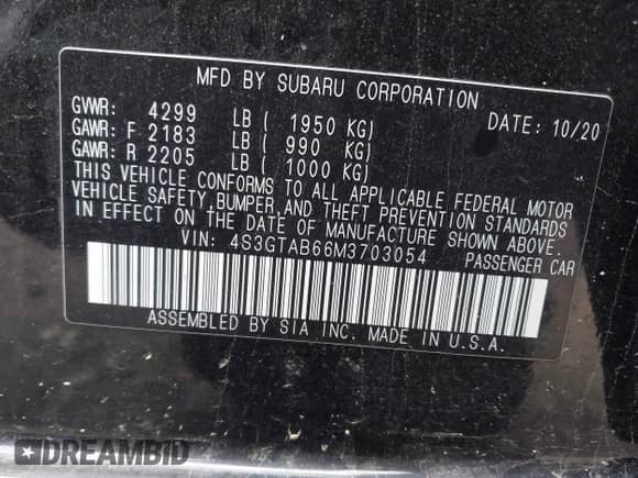 2021 Subaru Impreza with VIN 4S3GTAB66M3703054, listed as a IAAI auction lot 43557006 with 16,800 mi miles and . Bid and sale history available at DreamBid. Image 9.