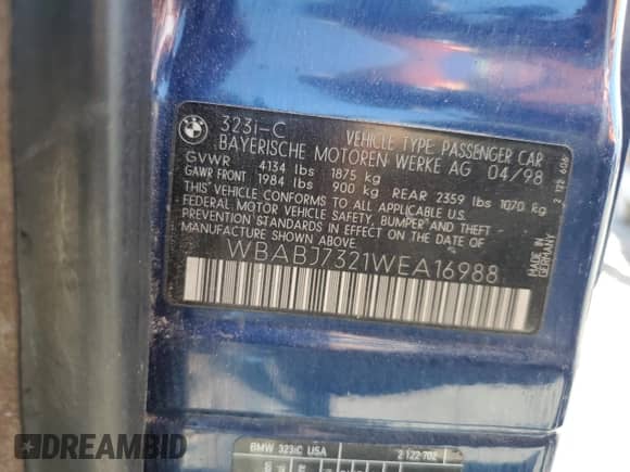 1998 BMW 3 Series 323i z VIN WBABJ7321WEA16988, wystawiony jako Copart lot #73016994 z przebiegiem 146 818 mil mil oraz Szkoda całkowita • Salvage title. Historia ofert i sprzedaży dostępna na DreamBid. Obrazek 15.