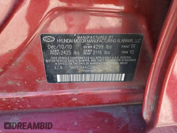 2011 Hyundai Sonata GLS with VIN 5NPEB4AC0BH215500, listed as a Copart auction lot 82440855 with 155,613 mi miles and Salvage title. Bid and sale history available at DreamBid. Image 12.