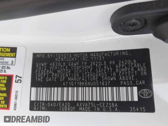 2022 Toyota Camry SE with VIN 4T1G11BK6NU051837, listed as a IAAI auction lot 42691924 with 105,238 mi miles and . Bid and sale history available at DreamBid. Image 9.