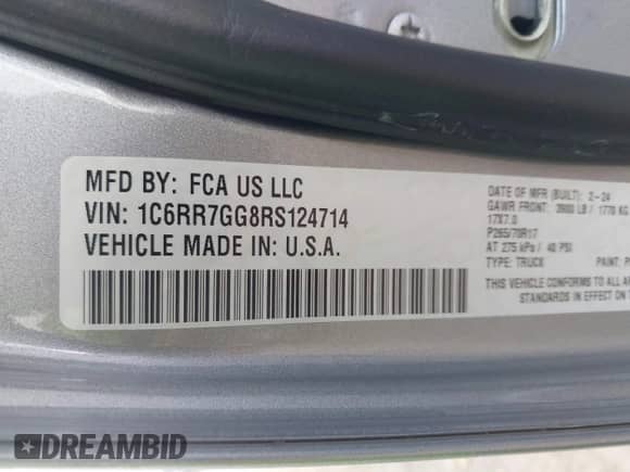 2024 Ram 1500 SLT z VIN 1C6RR7GG8RS124714, wystawiony jako IAAI lot #43207484 z przebiegiem 51 600 mil mil oraz . Historia ofert i sprzedaży dostępna na DreamBid. Obrazek 9.