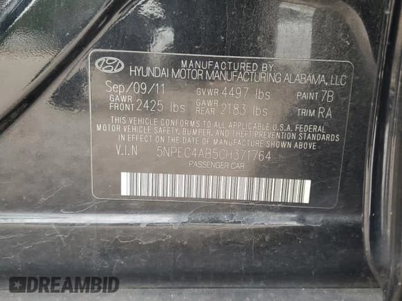 ✅ 2012 Hyundai Sonata Limited • VIN: 5NPEC4AB5CH371764 • Lot: 74557294. Listed on Copart with 247,714 mi. Free auction sales archive from the USA and detailed vehicle history report at DreamBid. Image 12.