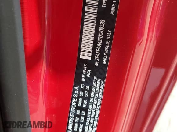 ✅ 2024 FIAT 500e INSPI(RED) • VIN: ZFAFFAA42RX209333 • Lot: 68452924. Listed on Copart with 489 mi. Free auction sales archive from the USA and detailed vehicle history report at DreamBid. Image 12.