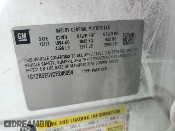 ✅ 2012 Chevrolet Malibu 1LS • VIN: 1G1ZB5E01CF246394 • Lot: 73668764. Listed on Copart with Not provided. Free auction sales archive from the USA and detailed vehicle history report at DreamBid. Image 13.