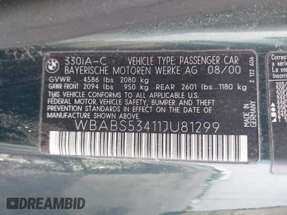 2001 BMW 3 Series 330Ci с VIN WBABS53411JU81299, выставлен на аукционе IAAI как лот 42062965 с пробегом 202 850 миль миль и . История ставок и продаж доступна на DreamBid. Изображение 9.