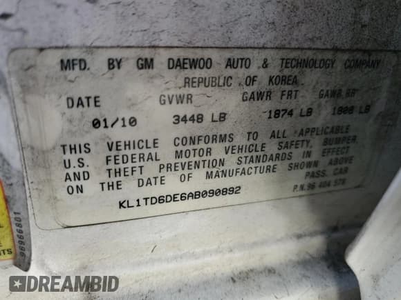 ✅ 2010 Chevrolet Aveo 1LT • VIN: KL1TD6DE6AB090892 • Лот: 46935725. Опубликован ранее на Copart с пробегом 82 632 миль. Бесплатный доступ к архиву аукционных продаж из США и подробный отчёт об истории автомобиля на DreamBid. Изображение 13.