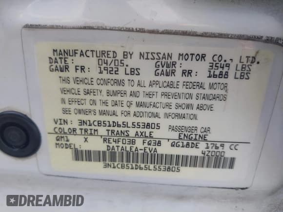 ✅ 2005 Nissan Sentra S • VIN: 3N1CB51D65L553805 • Lot: 43676923. Wystawiony na IAAI z przebiegiem 200 072 mil. Bezpłatny archiwum sprzedaży aukcyjnych z USA i szczegółowy raport historii pojazdu na DreamBid. Zdjęcie 9.