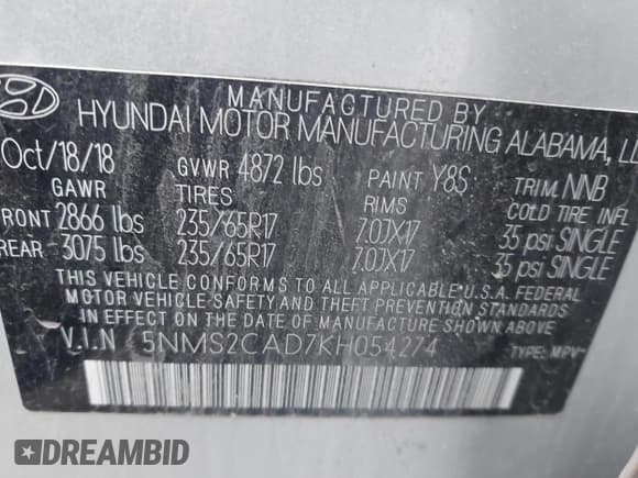 ✅ 2019 Hyundai Santa Fe SE • VIN: 5NMS2CAD7KH054274 • Lot: 43694931. Listed on IAAI with 96,329 mi. Free auction sales archive from the USA and detailed vehicle history report at DreamBid. Image 9.