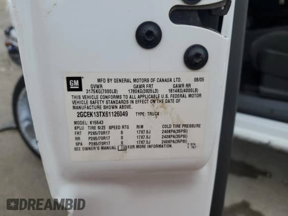 2006 Chevrolet Silverado 1500 LT1 с VIN 2GCEK13TX61126049, выставлен на аукционе Copart как лот 65391895 с пробегом 135 385 миль миль и Чистый • Clean title. История ставок и продаж доступна на DreamBid. Изображение 12.