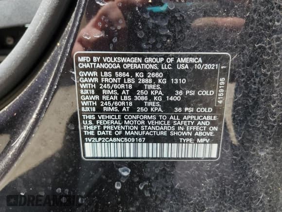 ✅ 2022 Volkswagen Atlas SE • VIN: 1V2LP2CA8NC509167 • Lot: 56195895. Wystawiony na Copart z przebiegiem 31 166 mil. Bezpłatny archiwum sprzedaży aukcyjnych z USA i szczegółowy raport historii pojazdu na DreamBid. Zdjęcie 13.