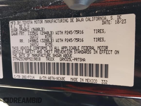 ✅ 2023 Toyota Tacoma SR5 • VIN: 3TMAZ5CN8PM219018 • Lot: 42790278. Listed on IAAI with 16,732 mi. Free auction sales archive from the USA and detailed vehicle history report at DreamBid. Image 9.