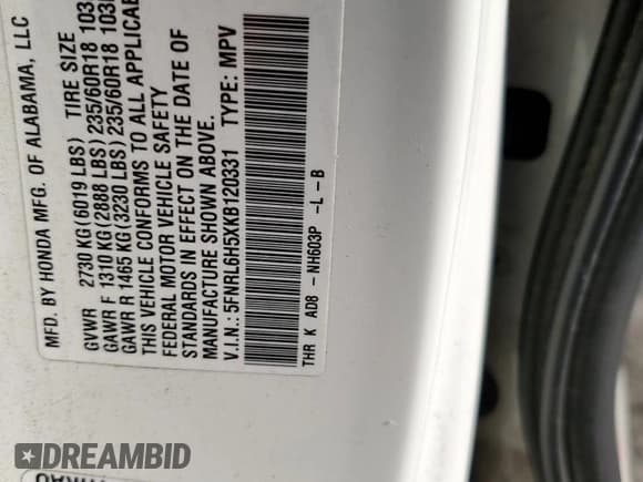 ✅ 2019 Honda Odyssey EX • VIN: 5FNRL6H5XKB120331 • Lot: 87198265. Listed on Copart with 112,624 mi. Free auction sales archive from the USA and detailed vehicle history report at DreamBid. Image 13.