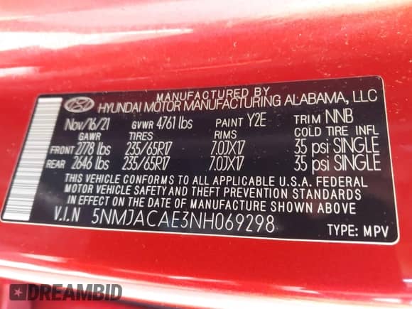 2022 Hyundai Tucson SE z VIN 5NMJACAE3NH069298, wystawiony jako IAAI lot #43183870 z przebiegiem 66 569 mil mil oraz . Historia ofert i sprzedaży dostępna na DreamBid. Obrazek 9.