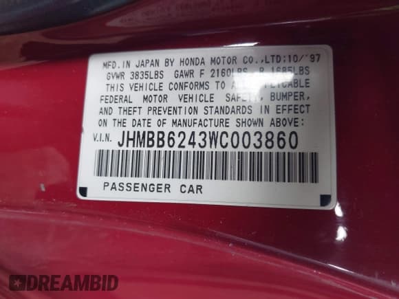 ✅ 1998 Honda Prelude • VIN: JHMBB6243WC003860 • Лот: 42094884. Опубликован ранее на IAAI с пробегом 132 279 миль. Бесплатный доступ к архиву аукционных продаж из США и подробный отчёт об истории автомобиля на DreamBid. Изображение 9.