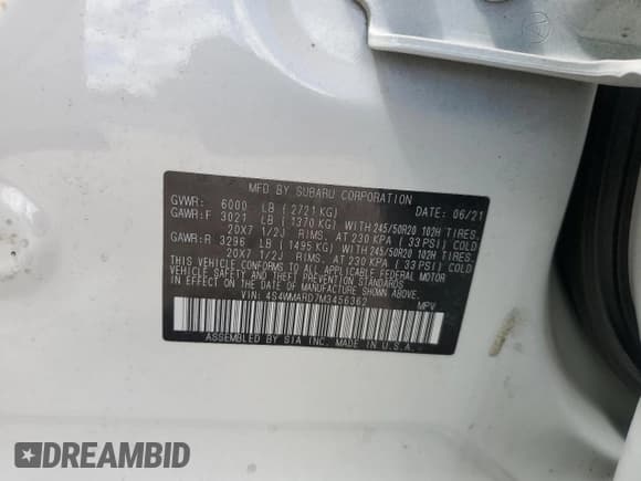 ✅ 2021 Subaru Ascent Touring • VIN: 4S4WMARD7M3456362 • Lot: 69189924. Listed on Copart with Not provided. Free auction sales archive from the USA and detailed vehicle history report at DreamBid. Image 14.