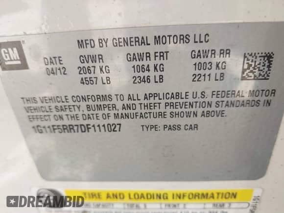 2013 Chevrolet Malibu Eco z VIN 1G11F5RR7DF111027, wystawiony jako IAAI lot #43204864 z przebiegiem 119 349 mil mil oraz . Historia ofert i sprzedaży dostępna na DreamBid. Obrazek 9.