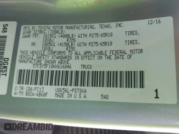 ✅ 2017 Toyota Tundra SR5 • VIN: 5TFDY5F18HX616846 • Лот: 42086463. Опубликован ранее на IAAI с пробегом 225 892 миль. Бесплатный доступ к архиву аукционных продаж из США и подробный отчёт об истории автомобиля на DreamBid. Изображение 9.