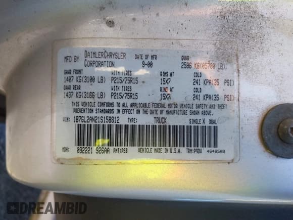 ✅ 2001 Dodge Dakota Sport • VIN: 1B7GL2AN21S158812 • Lot: 41483542. Wystawiony na IAAI z przebiegiem 175 135 mil. Bezpłatny archiwum sprzedaży aukcyjnych z USA i szczegółowy raport historii pojazdu na DreamBid. Zdjęcie 9.
