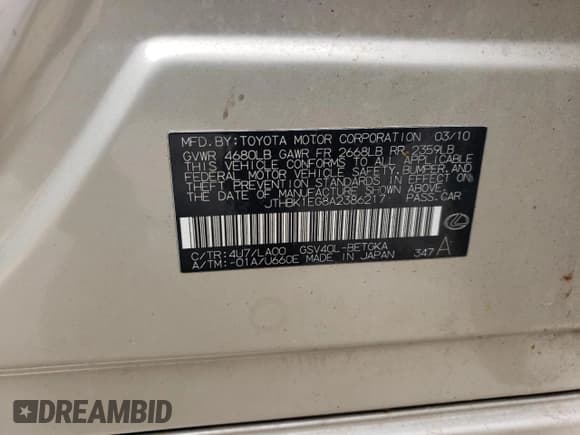 ✅ 2010 Lexus ES 330 • VIN: JTHBK1EG8A2386217 • Lot: 85424155. Listed on Copart with 305,720 mi. Free auction sales archive from the USA and detailed vehicle history report at DreamBid. Image 12.