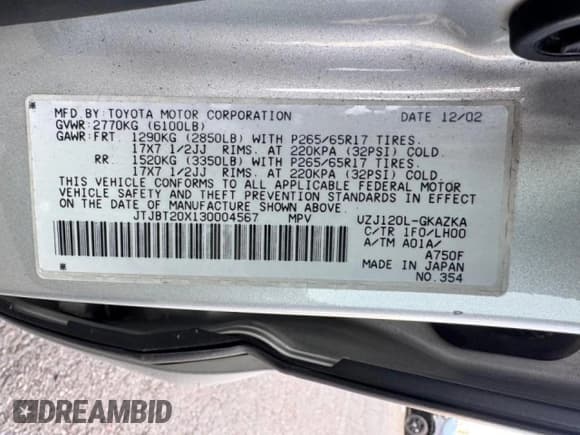 ✅ 2003 Lexus GX 470 • VIN: JTJBT20X130004567 • Lot: 70410755. Wystawiony na Copart z przebiegiem 237 809 mil. Bezpłatny archiwum sprzedaży aukcyjnych z USA i szczegółowy raport historii pojazdu na DreamBid. Zdjęcie 10.