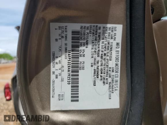 ✅ 2004 Ford Taurus SE • VIN: 1FAFP532X4A192520 • Lot: 54305335. Listed on Copart with Not provided. Free auction sales archive from the USA and detailed vehicle history report at DreamBid. Image 12.